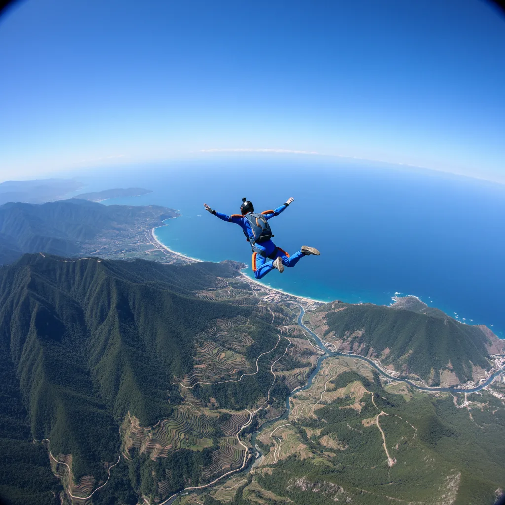 Aerial skydiving view over ocean and mountains in Asia, bright blue sky